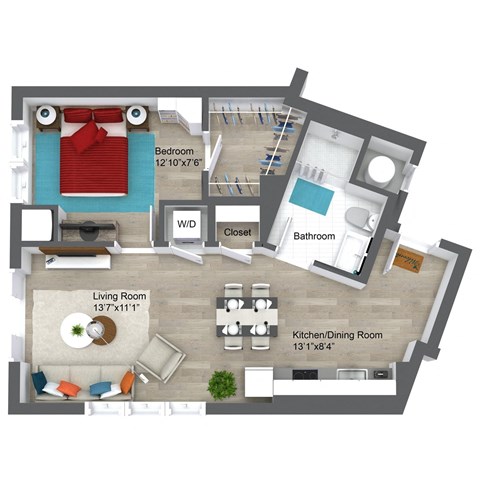 Floor plan for 1 bed, 1 bath, 531 sqft